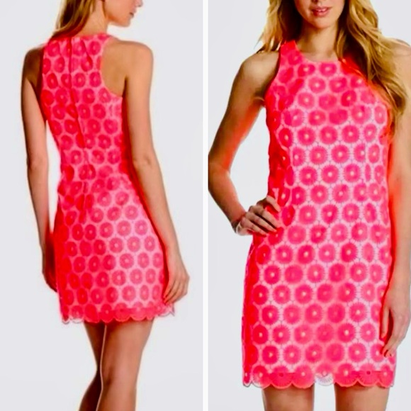 LILLY PULITZER Neon Pink Floral Pinwheel Lace & Pearl Mini Shift Dress - Picture 1 of 16